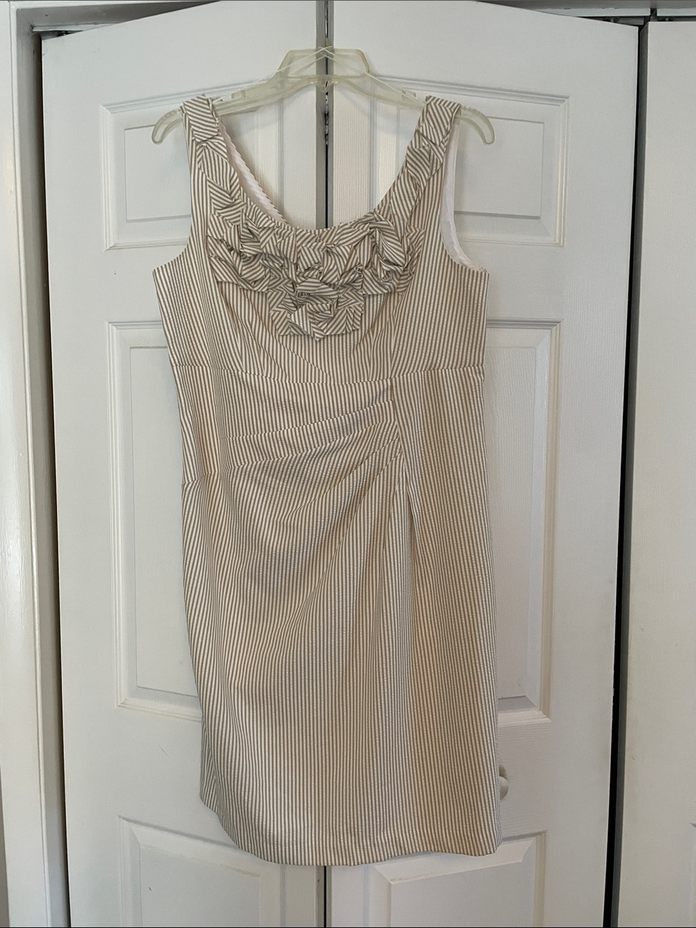 London Times Beige and Cream Striped Sleeveless Sheath Dress with Rosette Detail